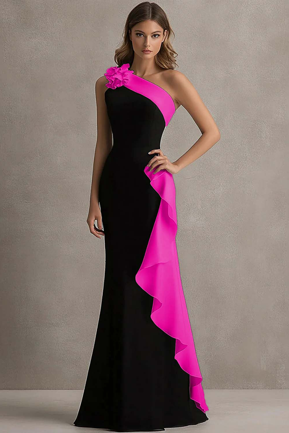 One Shoulder 3D Flower Black Tie Dress