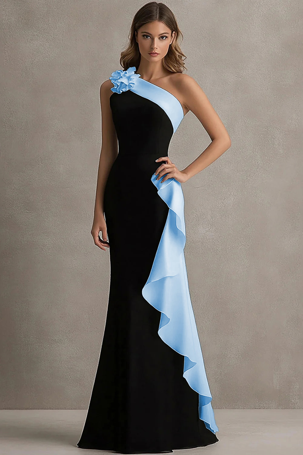 One Shoulder 3D Flower Black Tie Dress