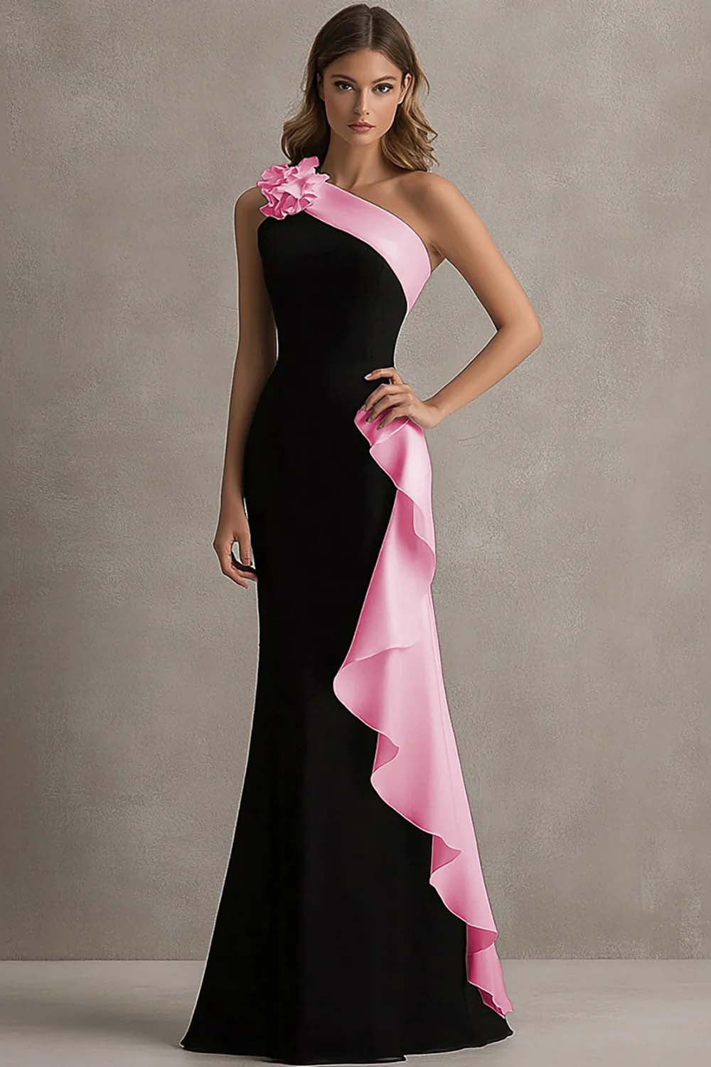 One Shoulder 3D Flower Black Tie Dress