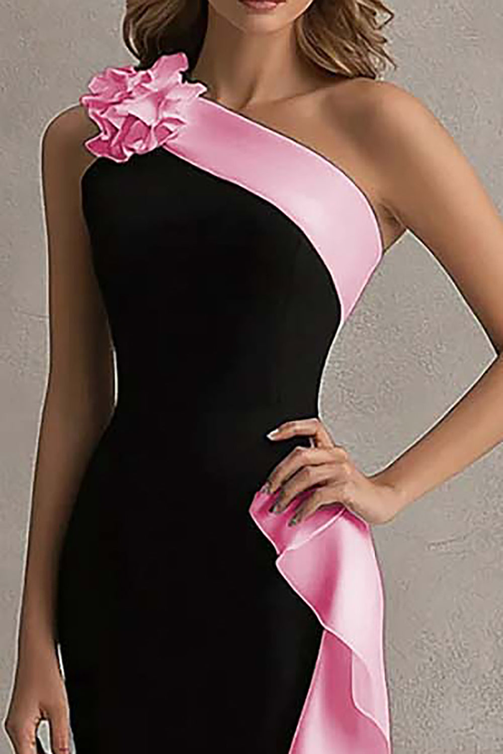 One Shoulder 3D Flower Black Tie Dress