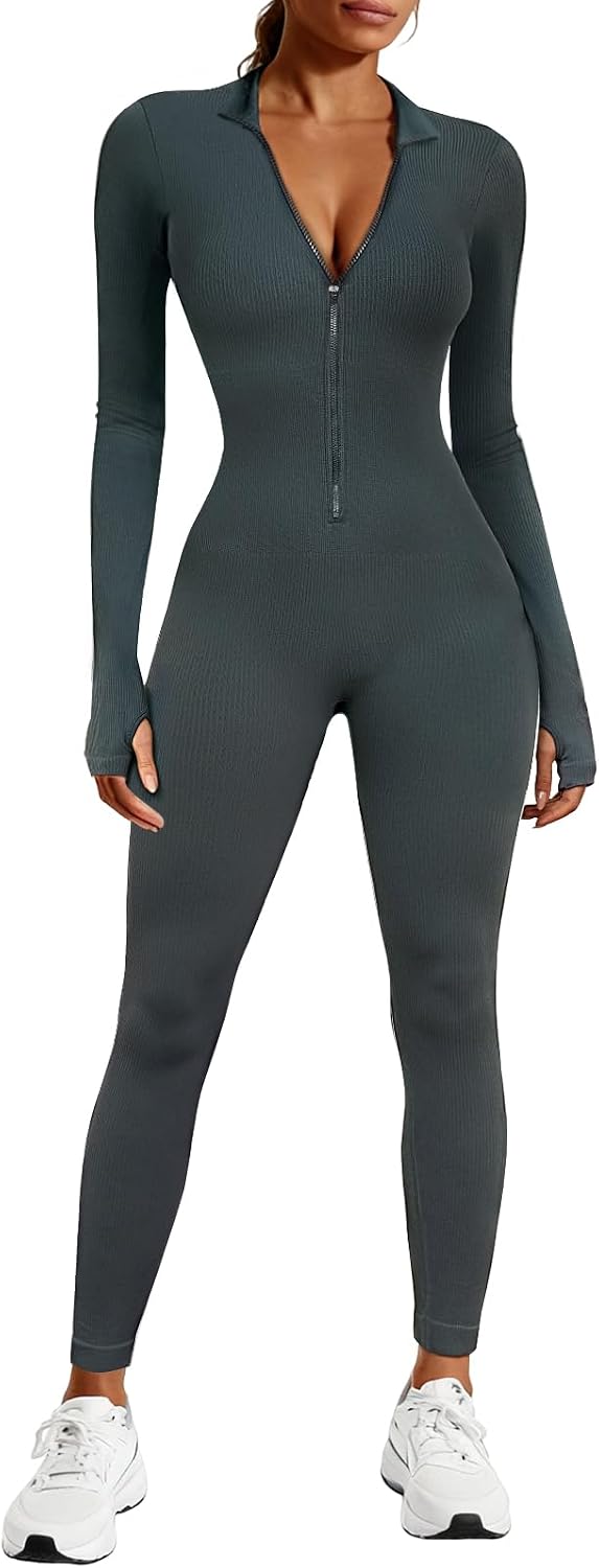 Voqeen Women's Jumpsuit Jumpsuit Long Sleeve Zip Up Leggings V Neck Elegant Yoga Playsuits Jogging Strampler One Piece Elastic