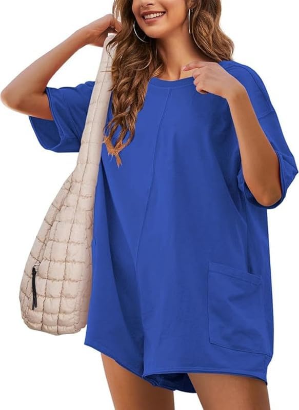 Women Summer Short Sleeve Jumpsuit with Back and V Neck Jumpsuit Sexy Jumpsuit Loose Jumpsuit Short Jumpsuit Wide Leg One Piece Jumpsuit Casual Beach Dress with Pockets
