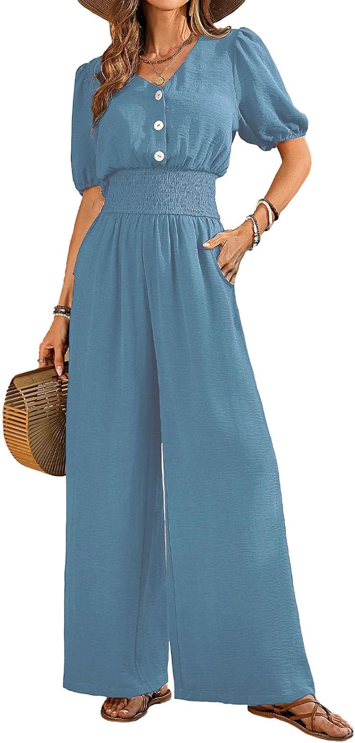 Women's Elegant Solid Color V Neck Summer Jumpsuit