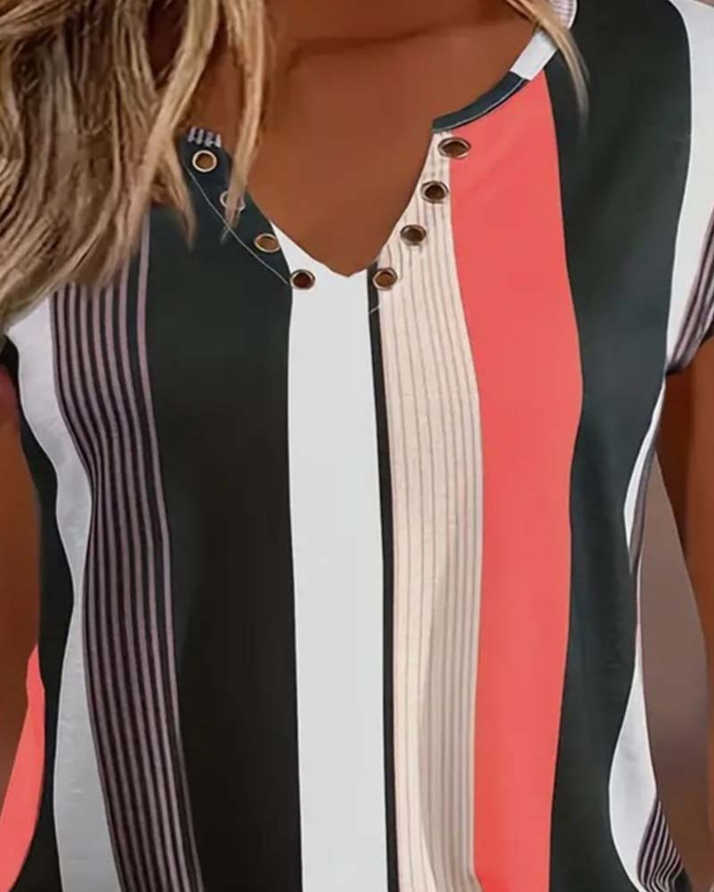 Blouse Vertical Striped Pendant Short Sleeves