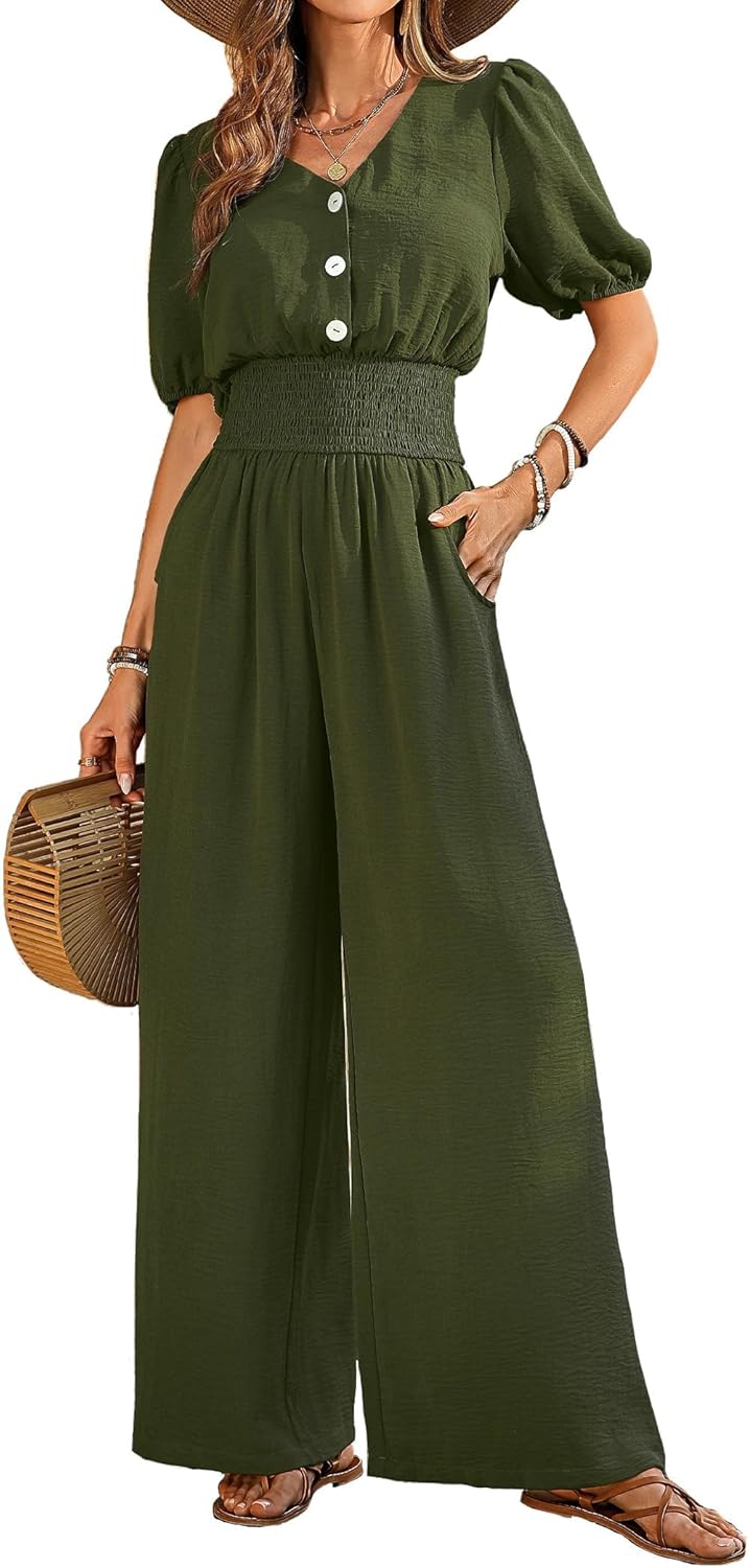 Women's Elegant Solid Color V Neck Summer Jumpsuit
