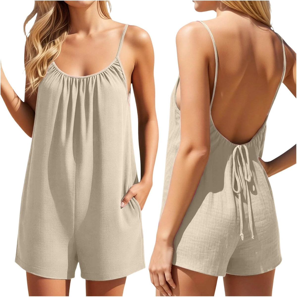 Women's Summer Sleeveless Casual Jumpsuit Chic Overalls Wide Fluid Large Size Jumpsuits Playsuit Short Beach Rompers Sexy Rompers with Pockets