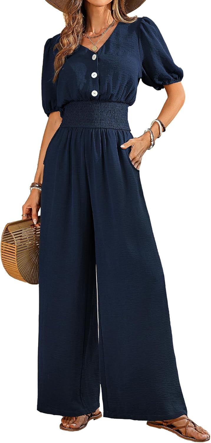 Women's Elegant Solid Color V Neck Summer Jumpsuit