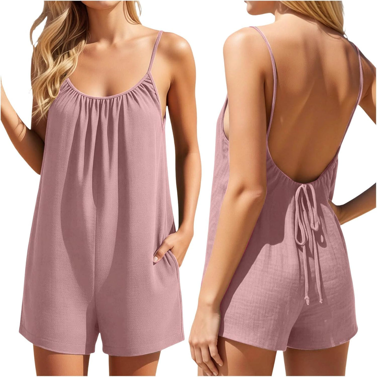 Women's Summer Sleeveless Casual Jumpsuit Chic Overalls Wide Fluid Large Size Jumpsuits Playsuit Short Beach Rompers Sexy Rompers with Pockets