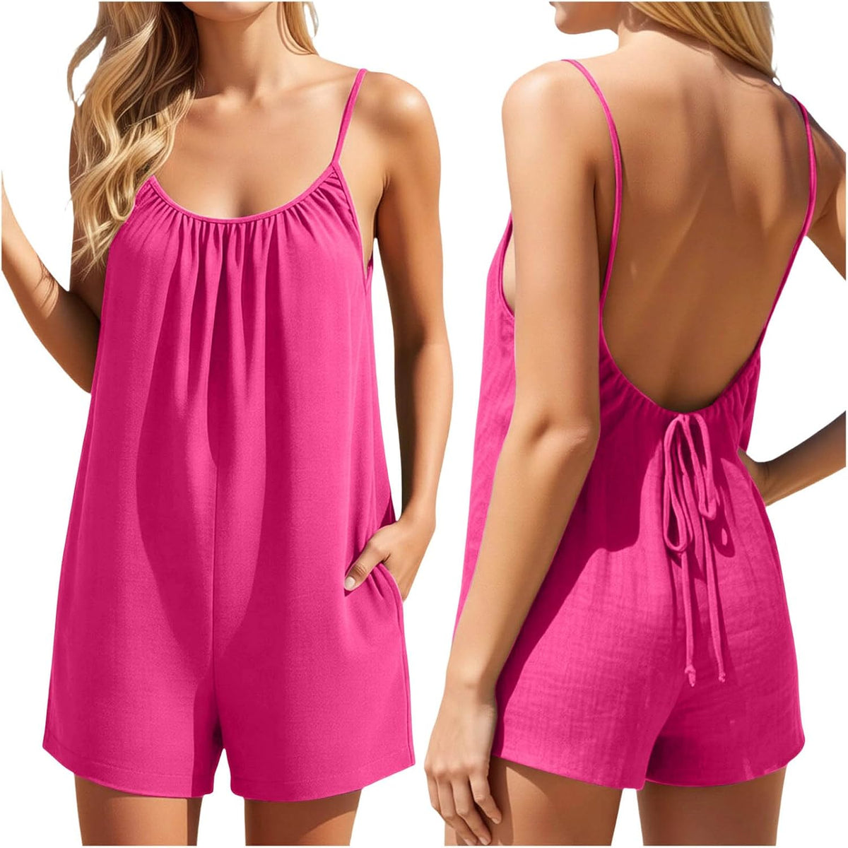 Women's Summer Sleeveless Casual Jumpsuit Chic Overalls Wide Fluid Large Size Jumpsuits Playsuit Short Beach Rompers Sexy Rompers with Pockets