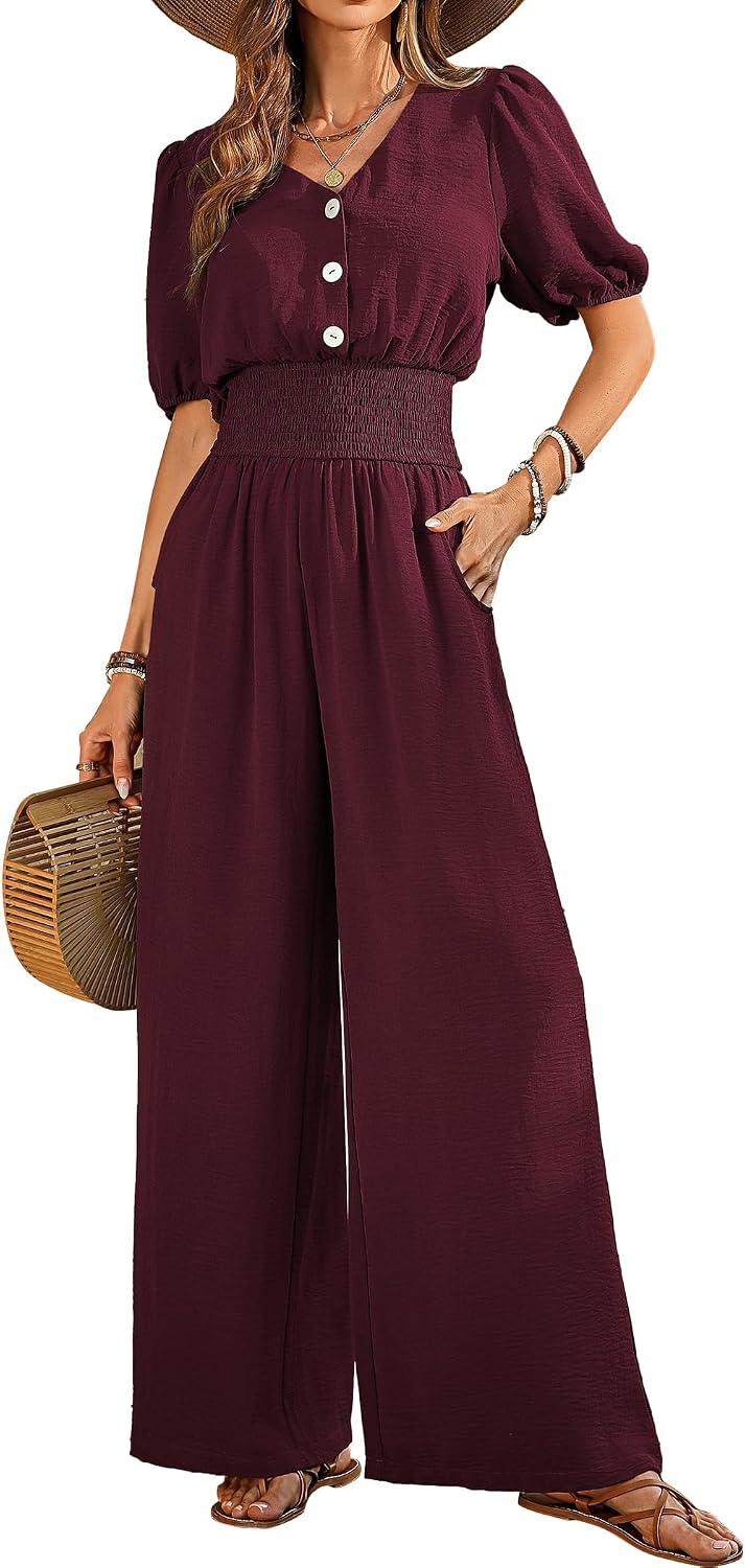 Women's Elegant Solid Color V Neck Summer Jumpsuit