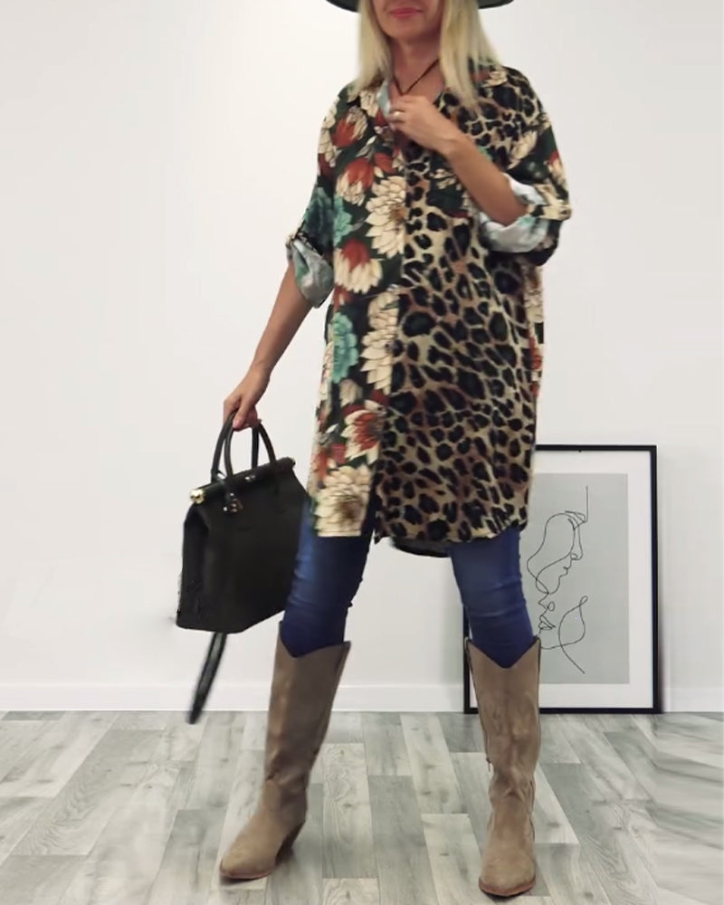 Revers collar shirt with patchwork and leopard print