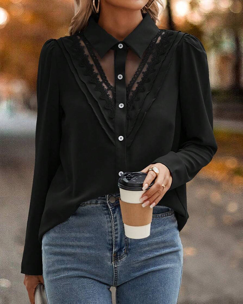 Blouse Puff Sleeve Lace Patchwork