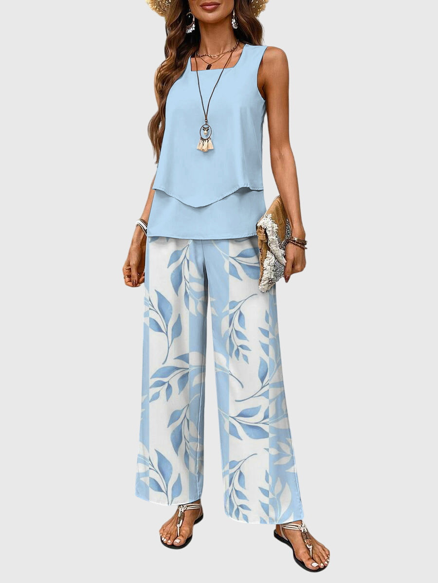 Blue Plant Print Two Piece Set