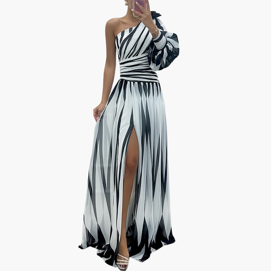 Carla – Elegant One-Shoulder Maxi Dress with Stripes