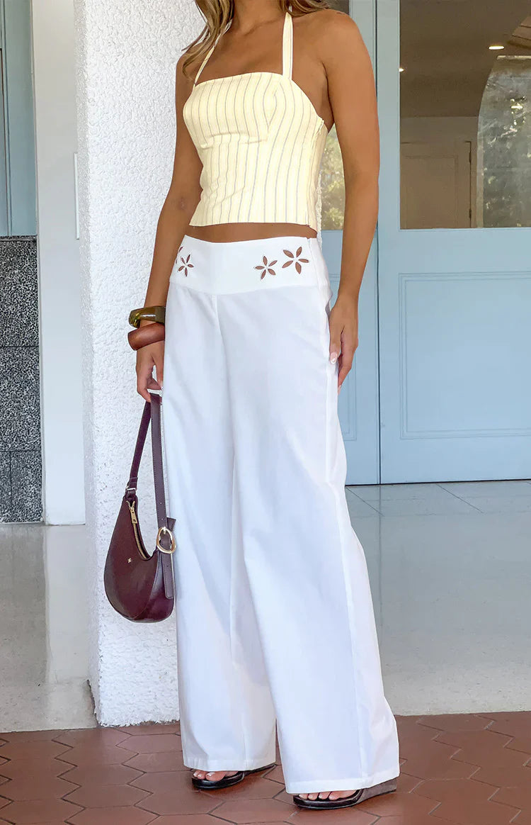 White Floral Wide Leg Pants