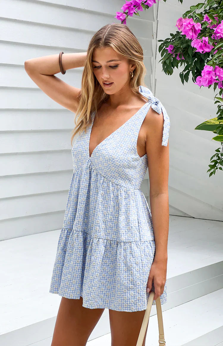 Blue Gingham Floral Mini Dress