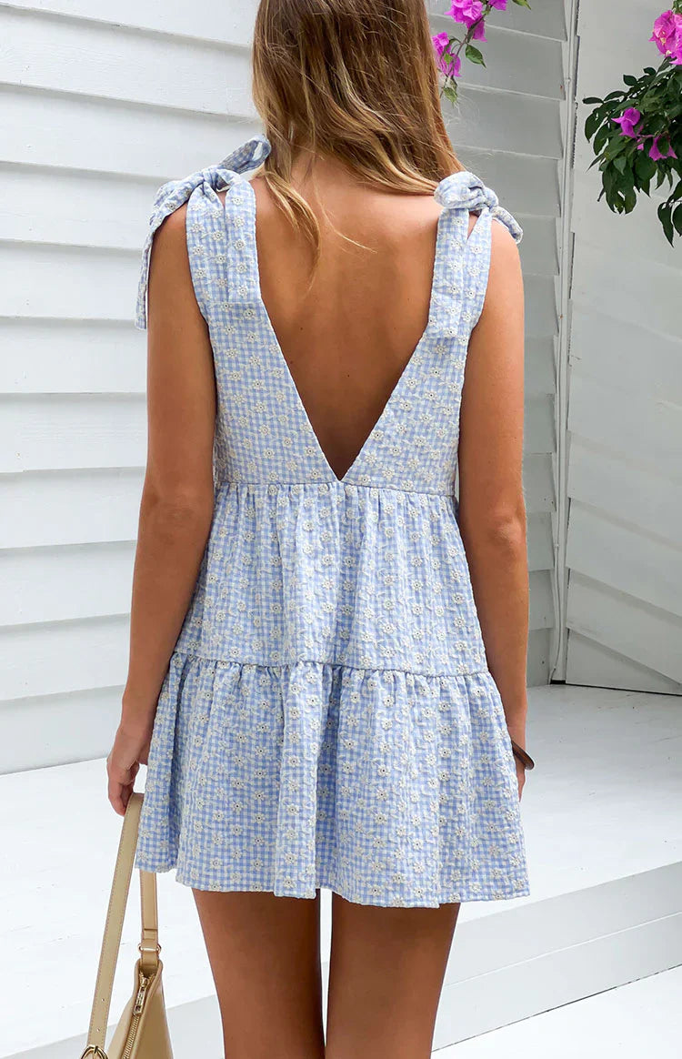 Blue Gingham Floral Mini Dress