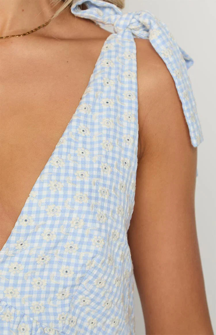 Blue Gingham Floral Mini Dress