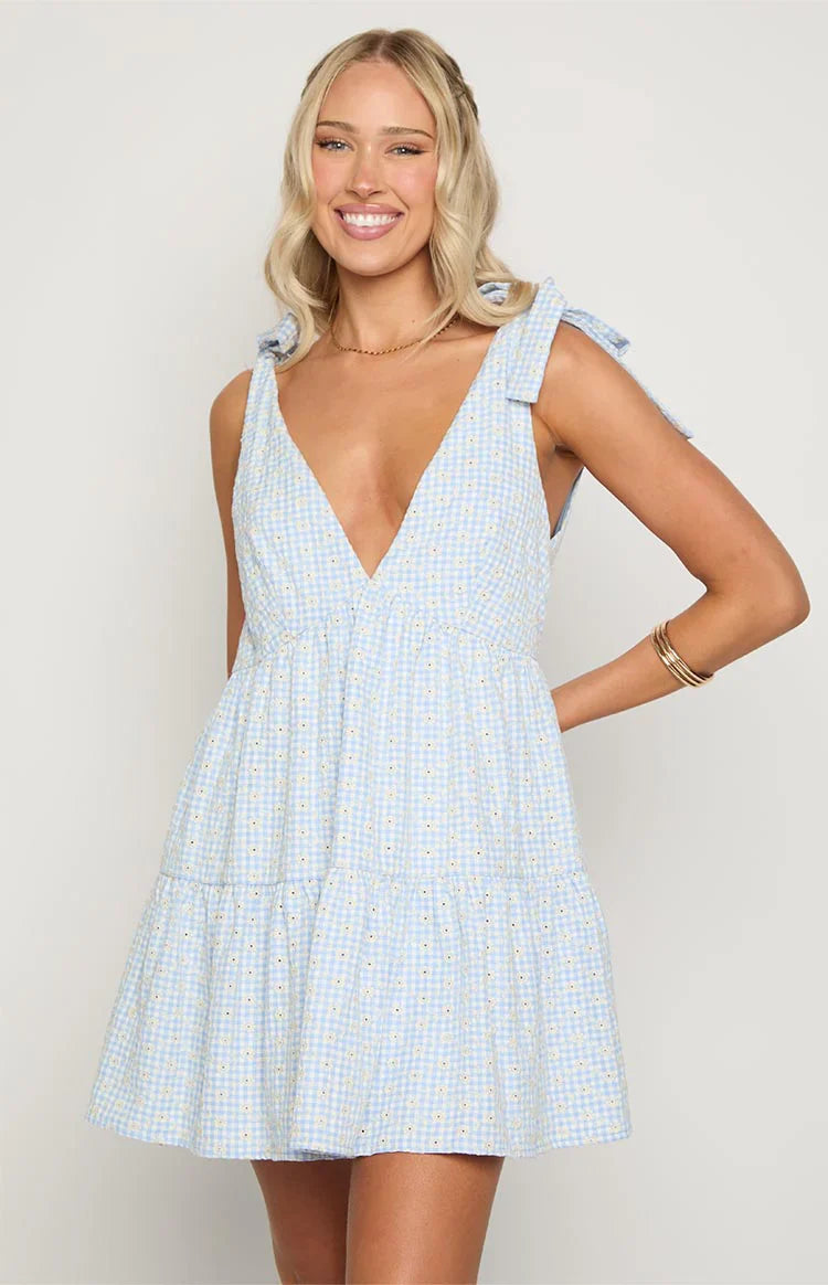 Blue Gingham Floral Mini Dress