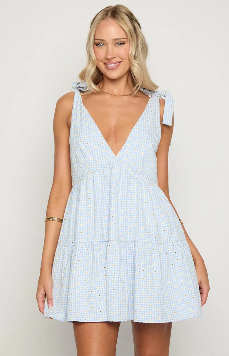 Blue Gingham Floral Mini Dress