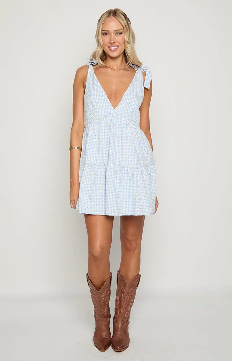 Blue Gingham Floral Mini Dress