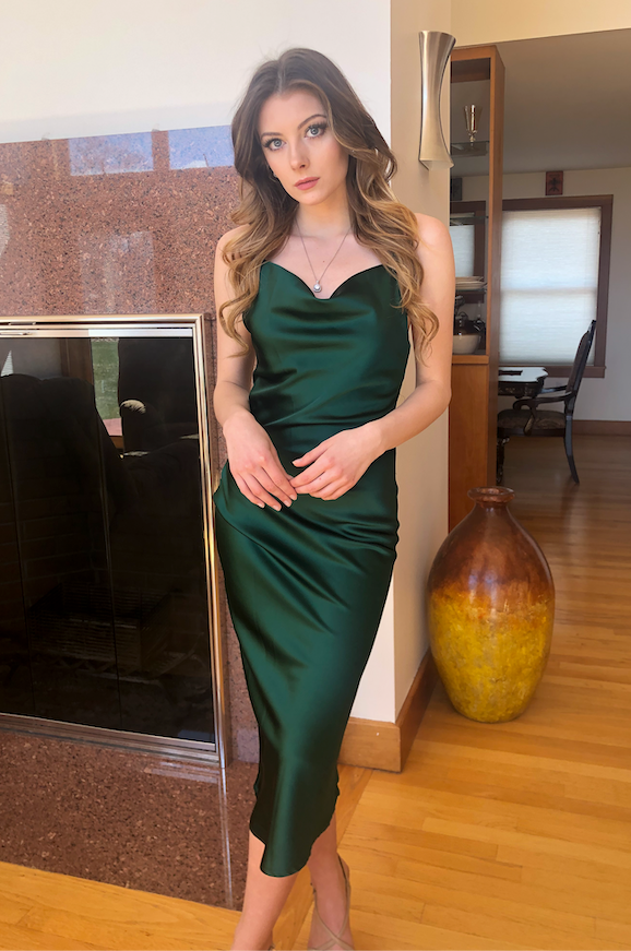 Emerald Green Satin Slip Midi Dress