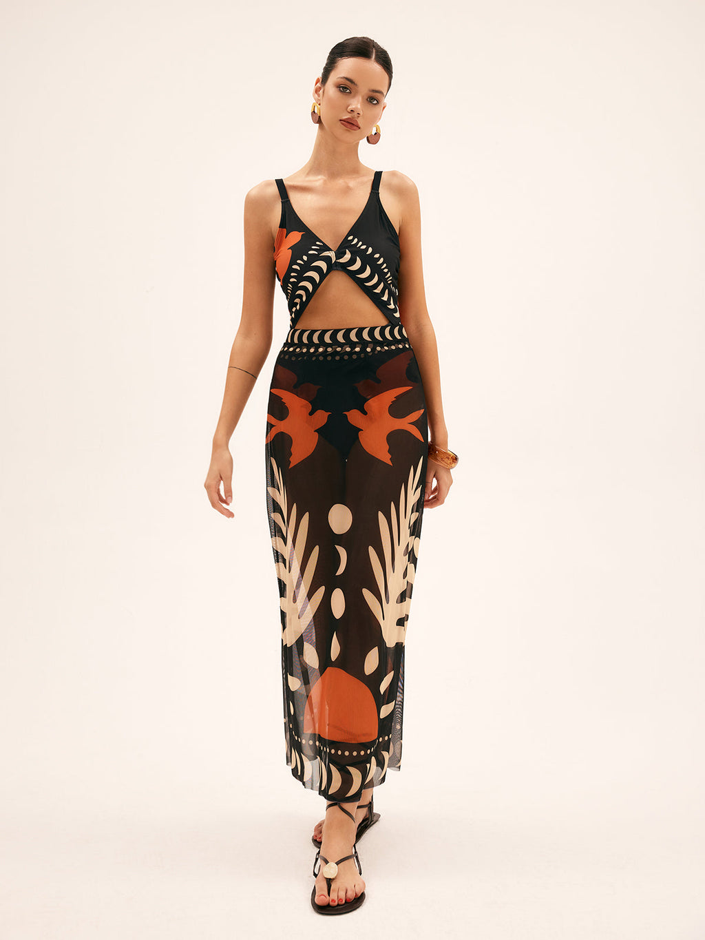 Women’s Bird Print Mesh Maxi Skirt