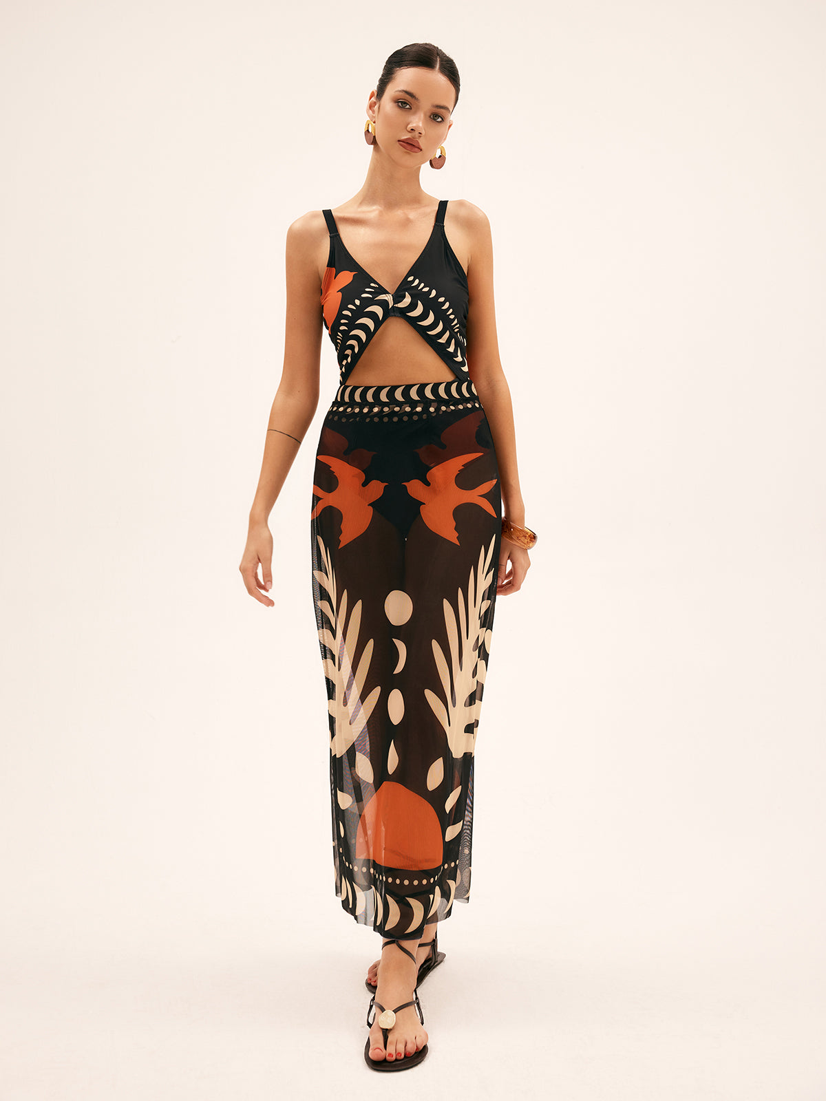 Women’s Bird Print Mesh Maxi Skirt