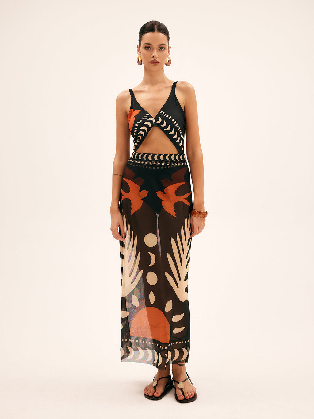 Women’s Bird Print Mesh Maxi Skirt