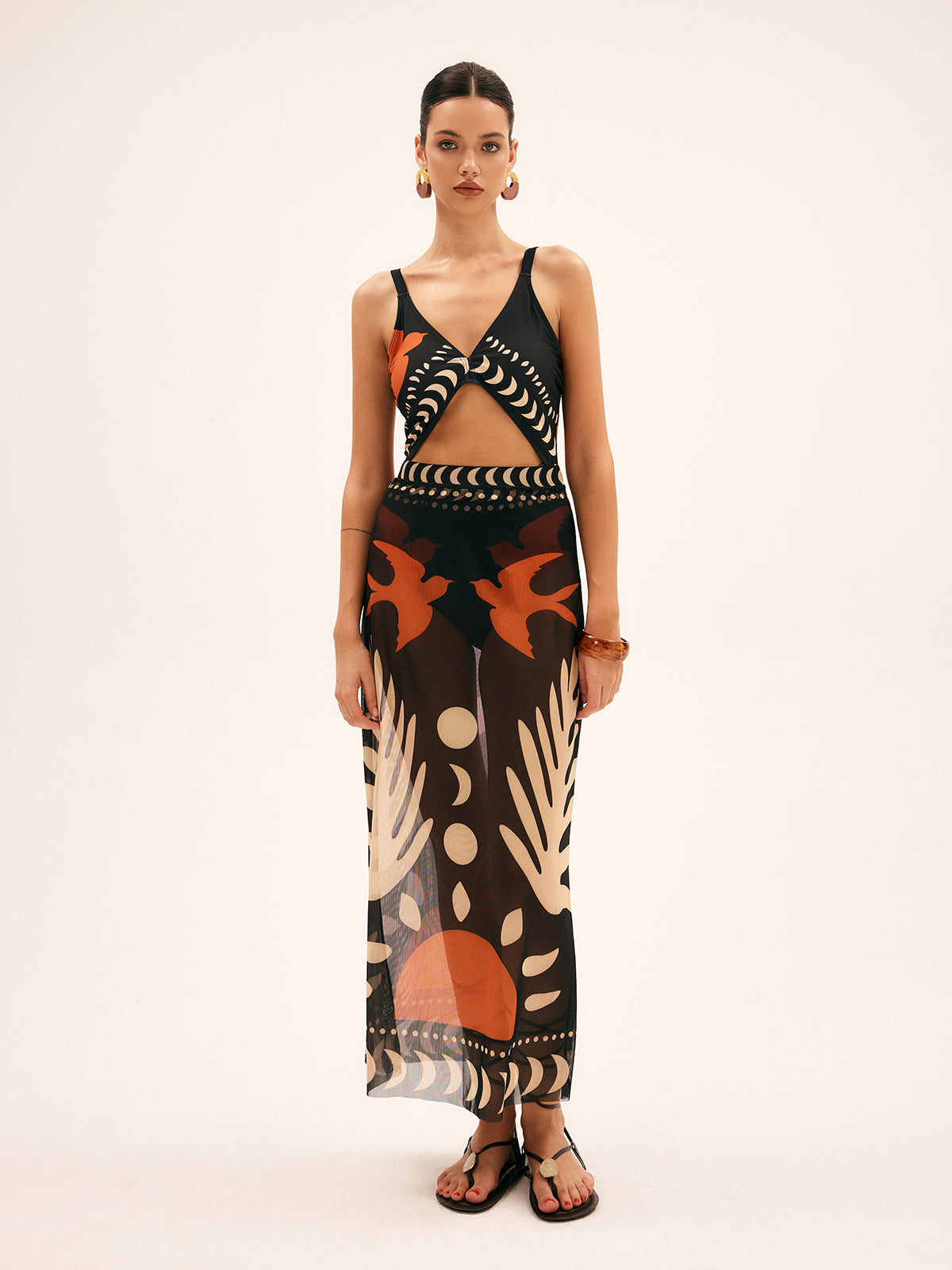 Women’s Bird Print Mesh Maxi Skirt