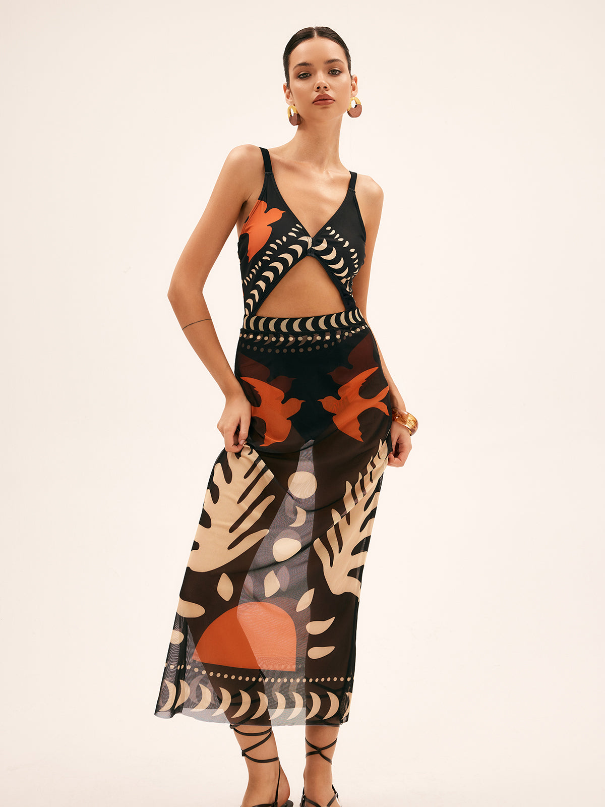 Women’s Bird Print Mesh Maxi Skirt
