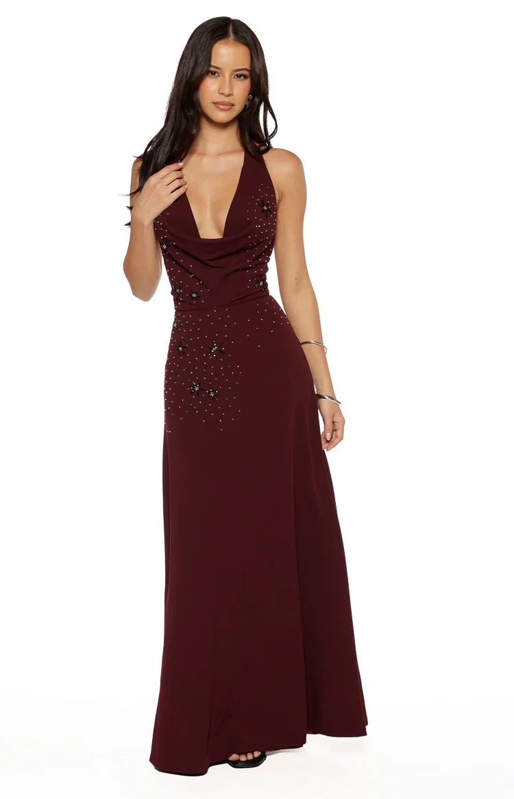 Burgundy Beaded Crepe Maxi Dress