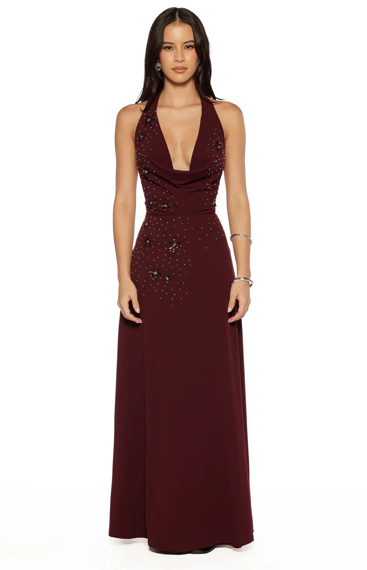 Burgundy Beaded Crepe Maxi Dress