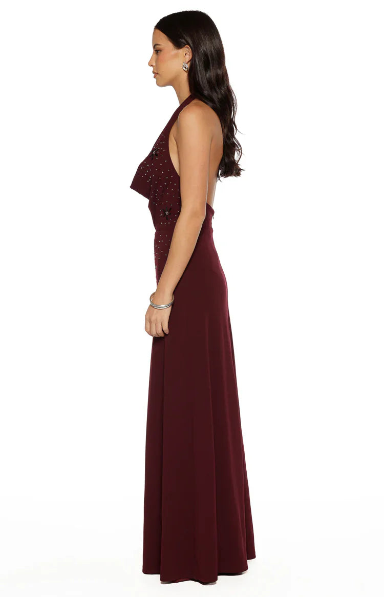 Burgundy Beaded Crepe Maxi Dress