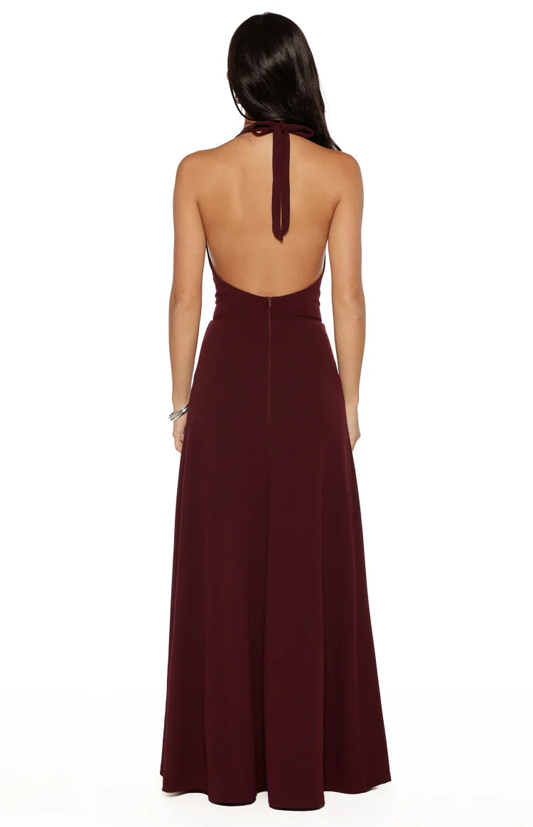 Burgundy Beaded Crepe Maxi Dress