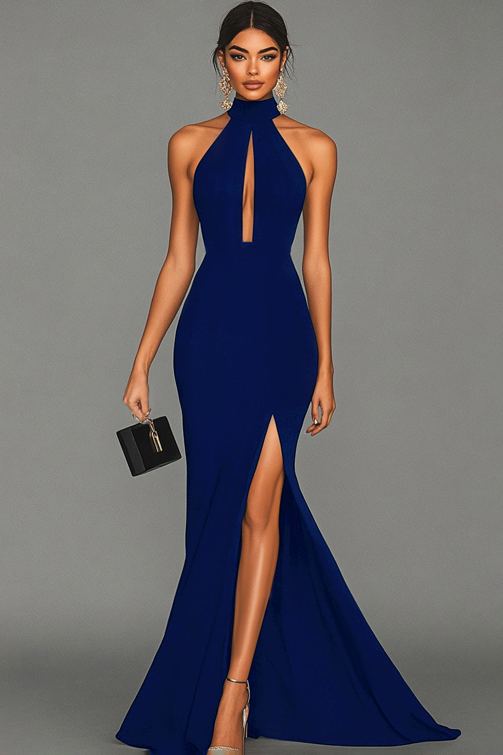 Dark Green Satin Mermaid Halter Neck Keyhole Long Formal Dress