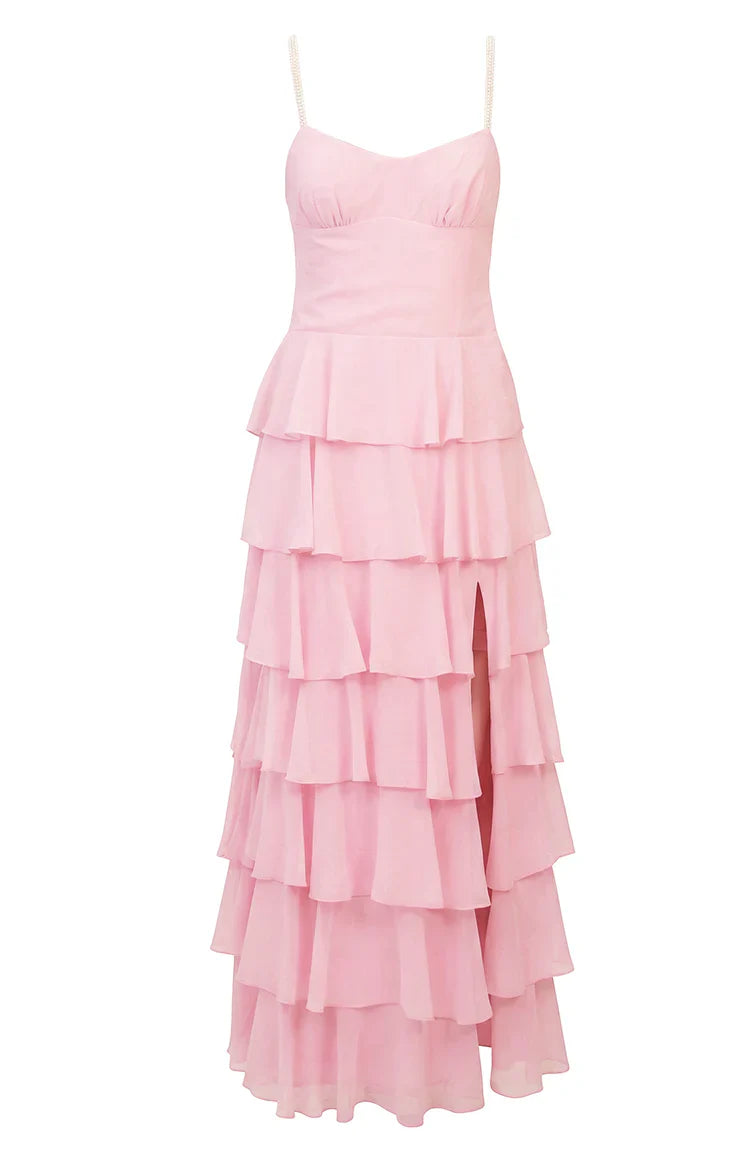 Pink Pearl Strap Ruffle Maxi Dress