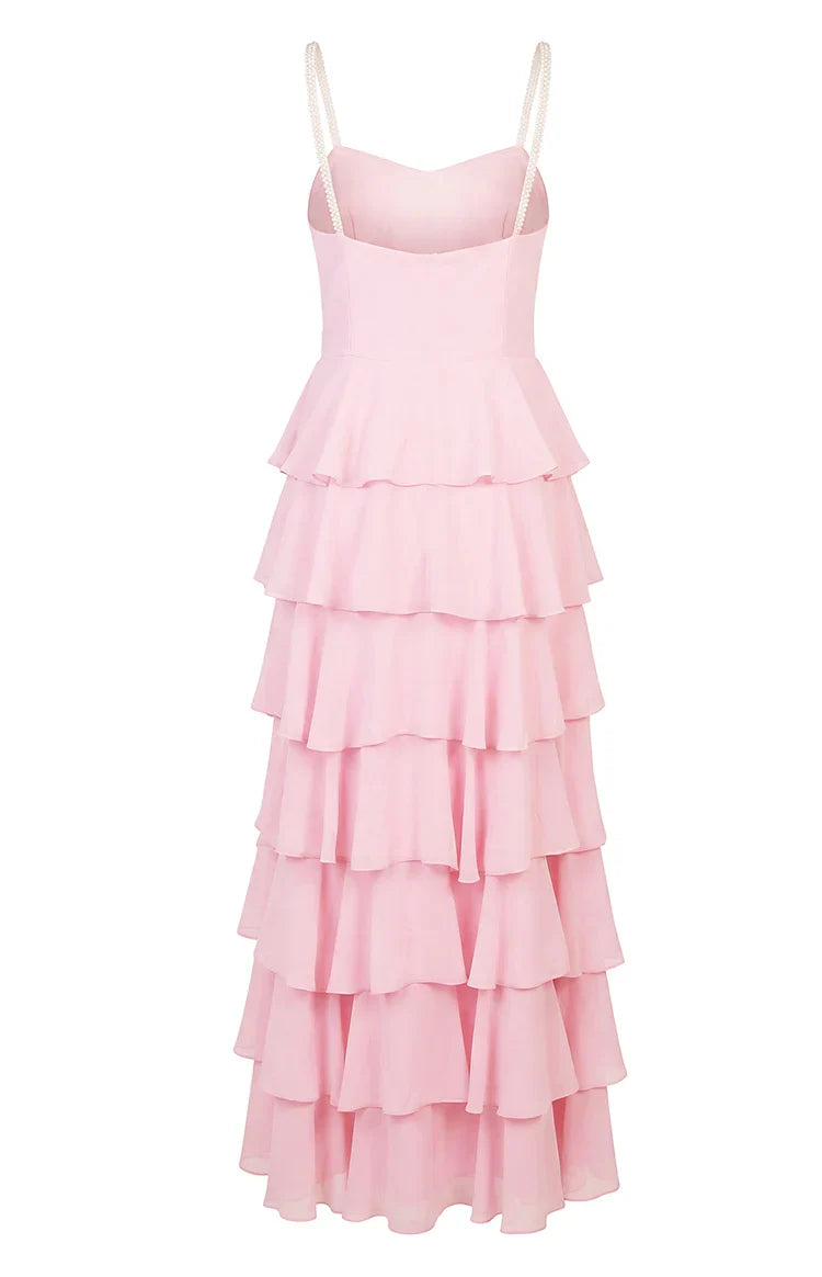 Pink Pearl Strap Ruffle Maxi Dress