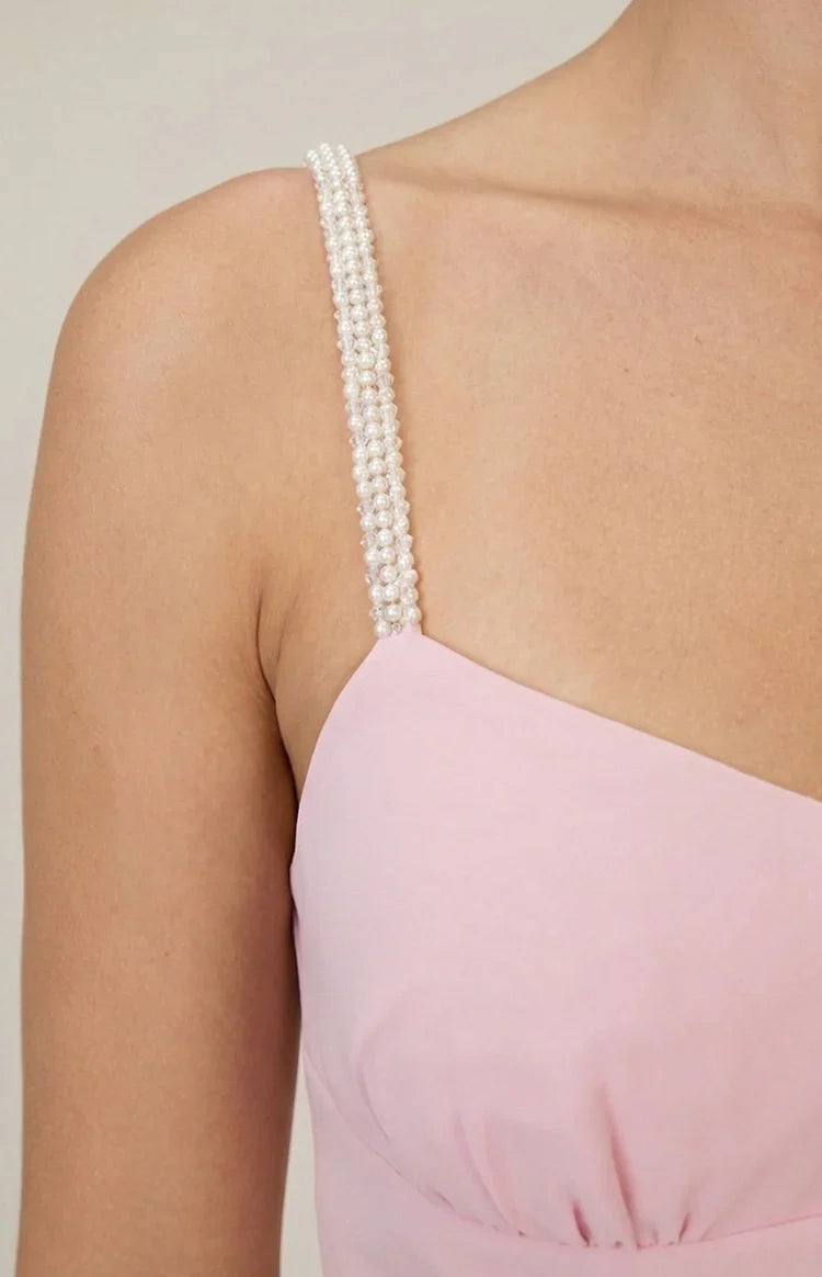 Pink Pearl Strap Ruffle Maxi Dress