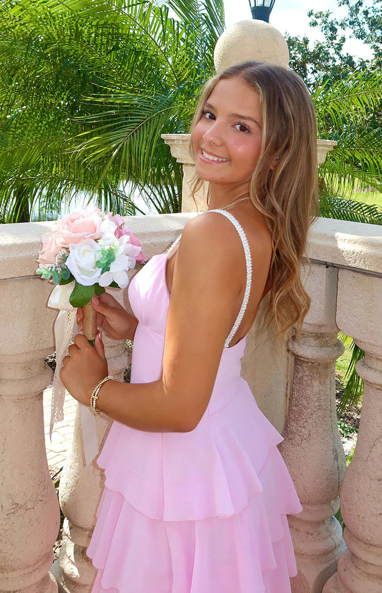 Pink Pearl Strap Ruffle Maxi Dress