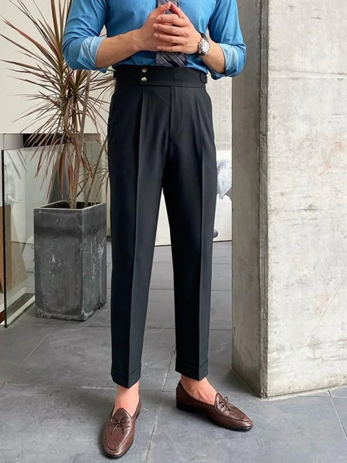 High-Waisted Tailored Trousers with Side Tabs