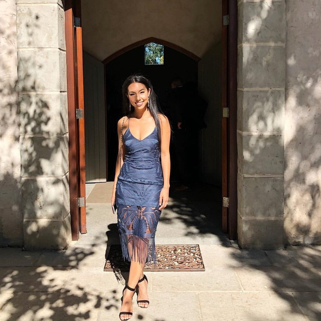 Steel Blue Lace Midi Dress