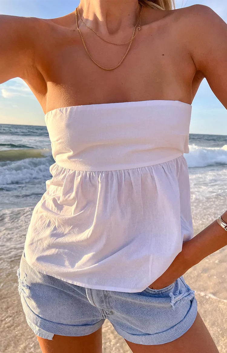 White Strapless Tie Back Top