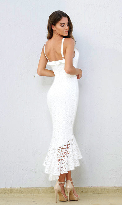 White Lace V-Neck Midi Dress