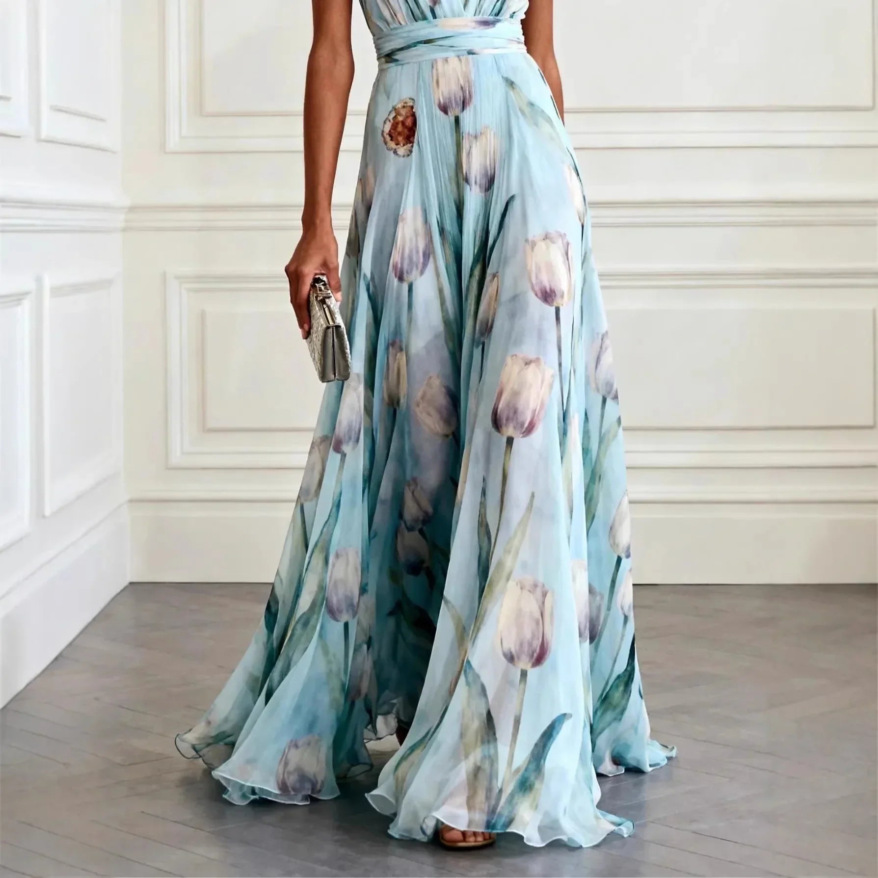 Tulip Print Chiffon Maxi Dress