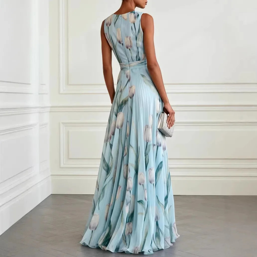 Tulip Print Chiffon Maxi Dress
