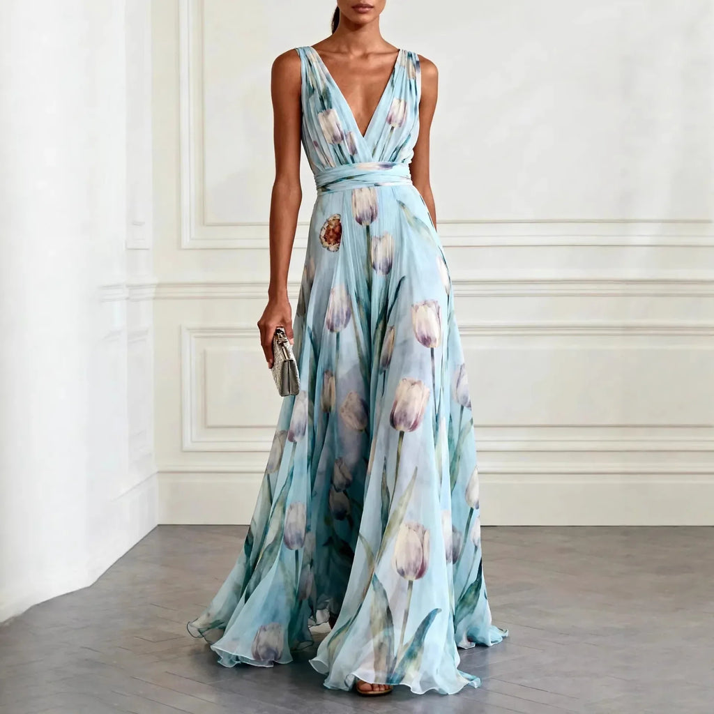 Tulip Print Chiffon Maxi Dress