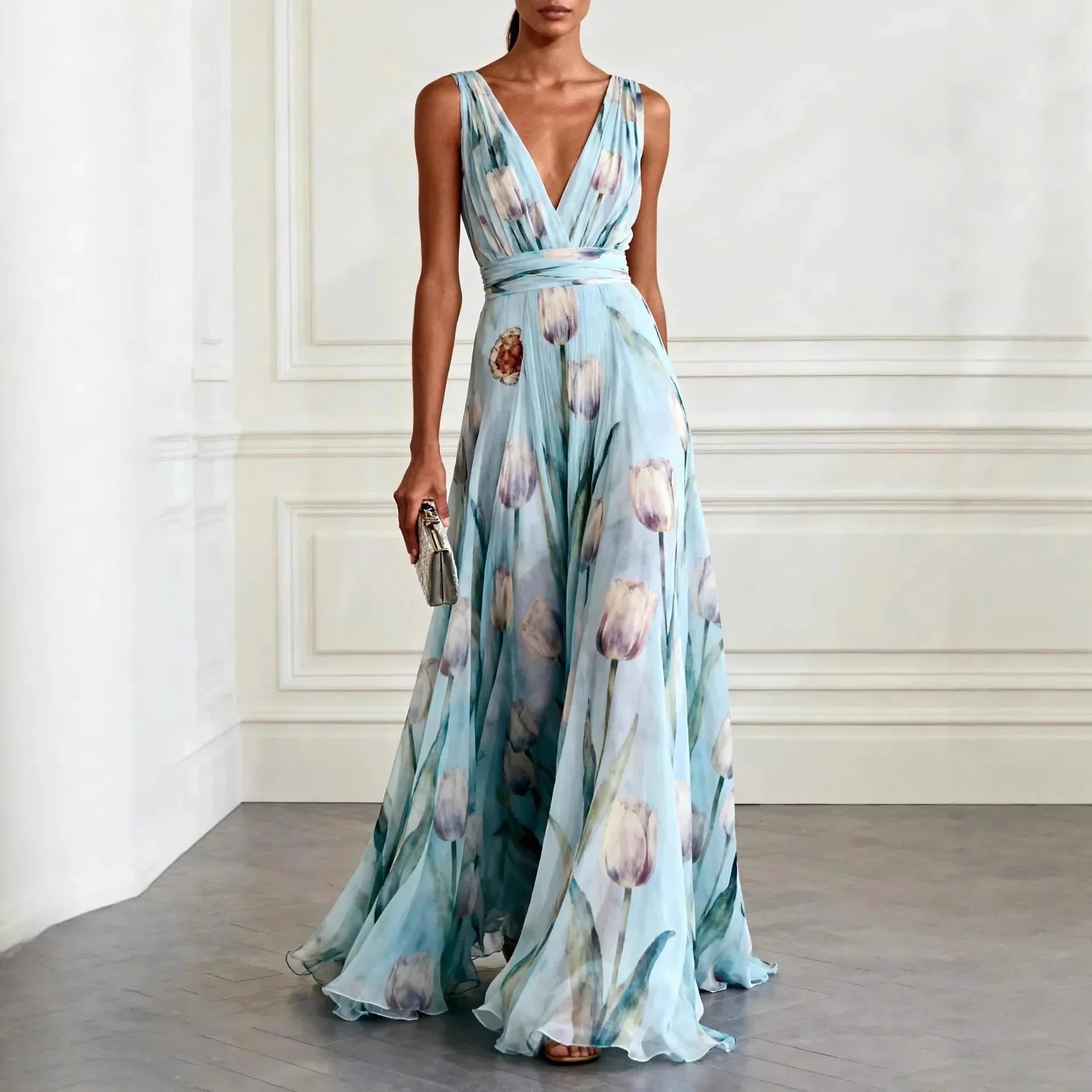 Tulip Print Chiffon Maxi Dress