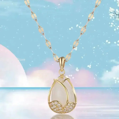 Elegant Gold Tulip Pink Crystal Pendant Necklace