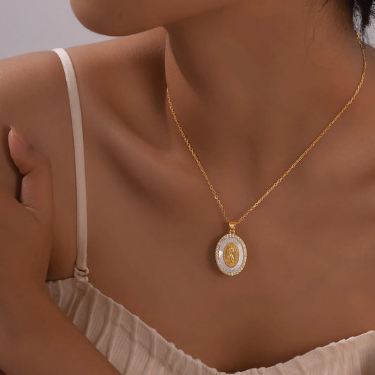 Gold Mary Oval Pendant Necklace